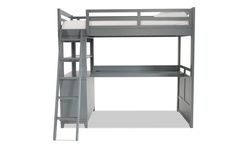 a gray bunk bed with a ladder and white sheets on the bottom level, against a white background