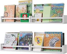 two white bookshelves filled with children's books