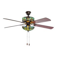 a ceiling fan with stained glass shades on it