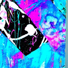 an abstract painting with blue, pink and purple colors on it's canvases