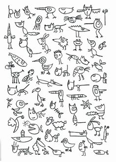 a black and white drawing of many different types of birds, dogs, and other animals