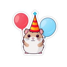 a sticker with a hamster wearing a party hat and holding balloons on it's head