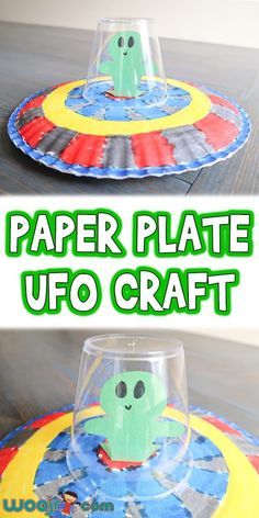 the paper plate ufo craft is made with construction paper and plastic cups to make it look like an alien