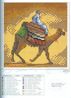 the cross stitch pattern shows a camel with a man riding on it's back