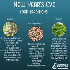 the new year's eve food traditions is shown in three different colors, including green beans and black eyed peas