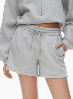 COZY FLEECE BOYFRIEND MID-THIGH SWEATSHORT | Aritzia Fame Clothes, Wedding Sweatshirts, Mid Thigh Shorts, Aritzia Tna, Fleece Shorts, Taupe Color, Sweat Shorts, Grey Shorts, Short Outfits