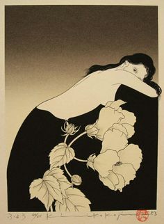 a black and white drawing of a woman with flowers