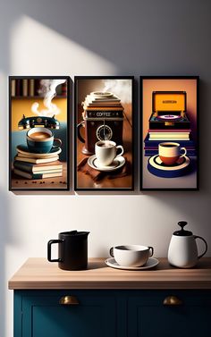 there are three pictures hanging on the wall next to a coffee pot and cup with books