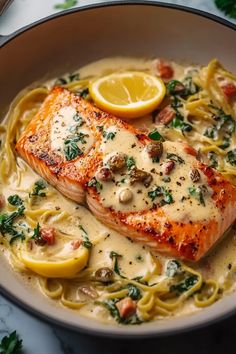 Creamy Salmon Piccata Lemon Salmon Pasta Recipes, Pasta With Salmon Creamy, Best Salmon Dinner, Crispy Skillet Salmon With Lemon Caper Dill Sauce, Fish Capers Lemon Recipe, Salmon Dill Pasta, Lemon Fish Pasta, Fish With Pasta Recipes, Wine Poached Salmon