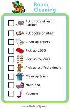 a room cleaning checklist with the words, put dirty clothes in hamper and put books on shelf clean up papers pick up toys