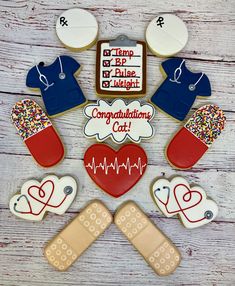 "Celebrating your new Nurse Grad or the retirement of your favorite nurse?  Do it the sweet way with our nurse themed cookie favors! This set also makes a great thank you gift with the simple change of the message cookie sentiment (please note any changes in the 'personalization' field on your order form)! This listing is for 12 party favor cookies that measure approximately 3\" and come individually bagged and bowed.  Unless otherwise requested, the 12 cookies will be made as pictured and in th Nurse Grad Cookies Decorated, Medical Themed Cookies, Nurse Grad Cookies, Nurse Theme Cookies, Nurse Graduation Cookies Decorated, Nurse Thank You Cookies, Nursing Grad Cookies, Nurse Retirement Cookies, Nurse Cookies Graduation