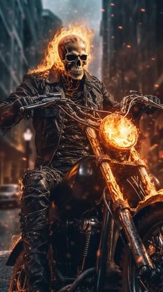 a skeleton riding on the back of a motorcycle with flames coming out of its mouth