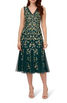 Godets allow the skirt of this cocktail dress to flare out, while hand-beaded blooms sparkle all over for a head-turning look. 48" length Hidden back-zip closure V-neck Sleeveless Lined 100% polyester Spot clean Imported Mermaid Cocktail, Bead Dress, Godet Dress, Cocktail Dress Nordstrom, Laid Back Outfits, Ruffle Beading, Ankle Length Skirt, Ankle Length Dress, Effortless Chic