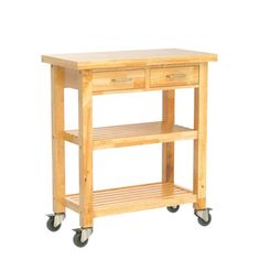 a wooden kitchen cart with two drawers and wheels on the bottom shelf is shown in front of a white background