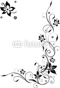 black and white floral design with swirls on the edges, flowers and leaves in the corners