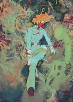 an abstract painting of a woman sitting on the ground