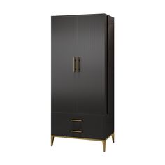 a black and gold armoire with two drawers on one side and an open drawer on the other