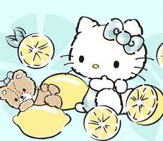 a hello kitty wallpaper with lemons and a teddy bear