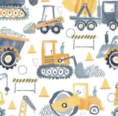 a yellow and gray construction themed wallpaper with tractors, bulldozers and trucks