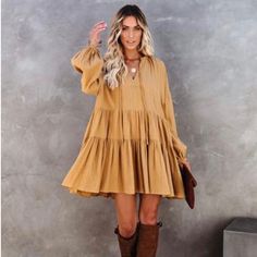 Nwt Vici Babydoll Swing Dress Long Sleeve Color: Mustard Size: Small Dress Features Neck Tie Strings Long Sleeve Flowy Dress, Flowy Dress Short, Vici Dress, Yellow Long Sleeve, Neck Ties, Tie Colors, Small Dress, Dress Long Sleeve, Dress Long