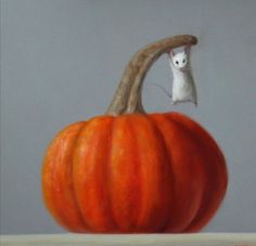 a painting of a mouse sitting on top of a pumpkin