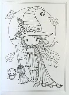 a black and white drawing of a girl in a witches hat holding a broom with her hand