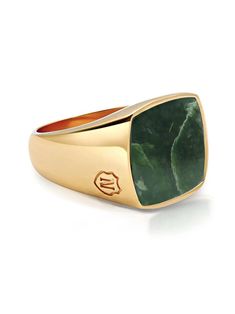 Stainless Steel Ring with 18K Gold Finish Green Jade Stone Product Code: MRING_085 Designer's Notes Designed and handcrafted in our LA studio, this one-of-a-kind cocktail ring features a brilliant green jade stone set in a stainless steel ring with radiant 18K gold finish. This piece will put the final touch to all looks. Please note that all our pieces are crafted by hand and one-of-a-kind, and may therefore vary slightly in size, shape, and color. Healing Powers Green Jade Green Jade can help Jade Jewelry For Men, Emerald Signet Ring Men, Men Gold Rings, Mens Signet Rings, Mens Gold Signet Rings, Mens Emerald Rings, Verde Jade, Mens Gemstone Rings, Mens Gold Rings