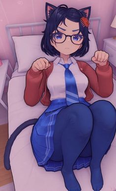 a woman sitting on top of a bed wearing glasses and a cat ears headband