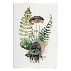 a painting with green plants and mushrooms on it