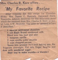 an old recipe from mrs charles r karr offers my favorite recipe for chocolates