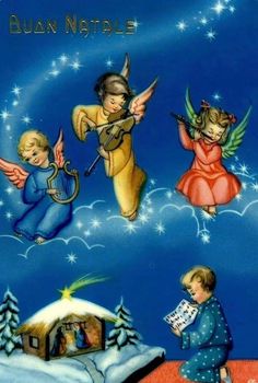 an angel christmas card with three little angels playing music and singing in the snow,