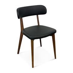 a black leather chair with wooden legs and backrests on an isolated white background