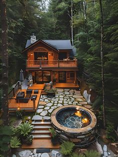 an outdoor hot tub in front of a cabin