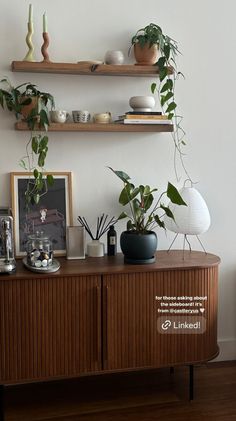 some plants are sitting on top of a wooden cabinet