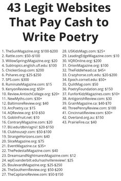 a poster with the words'43 websites that pay for poetry'in black and white