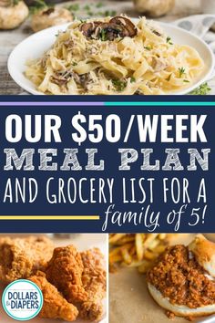 the meal plan and grocery list for a family of 5 is shown in this collage