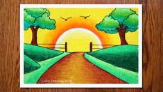 a drawing of a road with trees on it and the sun in the sky above