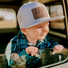 Personalized Infant and Youth Snapback Hats Laser Engraved Leatherette Patch Comes as shown with first name in all caps and middle name in cursive font SIZING:   Infant - 48cm circumference - Approx 6m-3yrs Youth - 52cm circumference -Approx 3yrs-9yrs Leatherette patch is laser engraved and heat pressed onto hat. Please keep in mind every child is different and has a different-sized head so if you are unsure, please size up. Hand washing/spot cleaning is recommended. PRODUCT DETAILS Infant and y Name In Cursive, In Cursive, Cursive Font, Middle Name, First Name, Snapback Hat, Trucker Cap, Heat Press, Snapback Hats