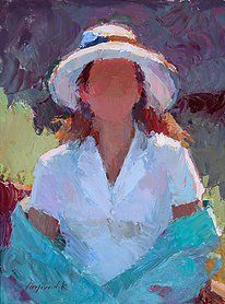 a painting of a woman in a white hat and blue dress sitting on a bench