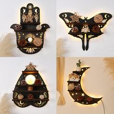 four different pictures of a clock made out of wood and metal with various decorations on it