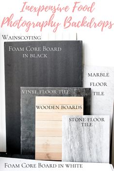 four different types of wood flooring in front of a white wall with text overlay