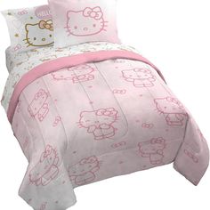 a hello kitty bed set with pink sheets and pillowcases on top of it