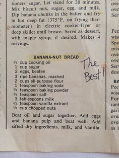 an old recipe for banana nut bread