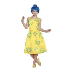 Spread some sunny cheer while trick-or-treating this Halloween. From the Pixar movie Inside Out, this Joy Halloween costume will have any little lady feeling downright optimistic about their candy-scoring chances. This movie-replica dress is accented in chic blue flowers and comes with a complementing aqua-colored wig. Things are looking bright for you this Halloween! Care Instructions: Hand wash cold water with mild soap. Tumble dry low. For best results hang or lay flat to dry. Size: 7-8.  Col Joy Costume, Inside Out Joy, Inside Out Costume, Joy Inside Out, Bright Yellow Dress, Pixie Wig, Joy Dress, Fancy Dress Up, Disney Costumes