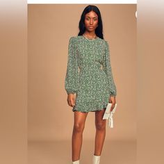 Nwt. Bought For A Shower But Wore Something Else And Couldn’t Return In Time. Ruffled Mini Dress, Green Floral Print, Ruffle Mini Dress, White Boots, Lulu Dresses, Dresses For Teens, Online Dress Shopping, Lace Mini Dress, Balloon Sleeves