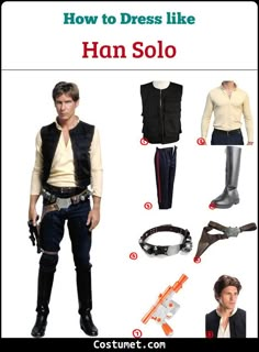 an image of han solo costume from star wars with instructions on how to dress like han solo