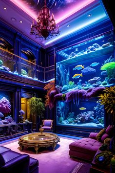 A fantasy sitting room under the sea with huge neon aquariums full of colorful fish as the walls Underwater Living Room, Wall Aquarium Living Rooms, Fancy Aquarium, Fantasy Room Aesthetic, Room With Aquarium, Cool Aquariums, Neon Aquarium, Fantasy Living Room, Fantasy Aquarium