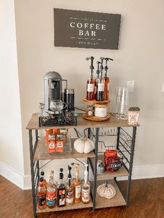 the coffee bar is stocked with various types of drinks and condiments for tasting