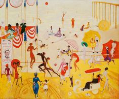 an image of a painting with people and animals in the background, including circus tents