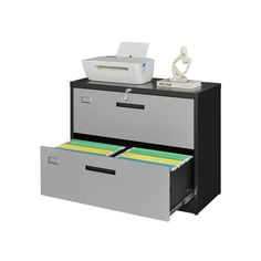 two drawers with files and printer on top